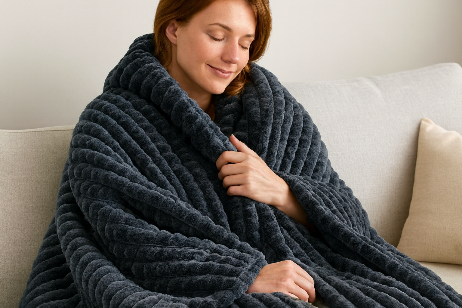 Person with chunky knit blanket in neutral store tones
